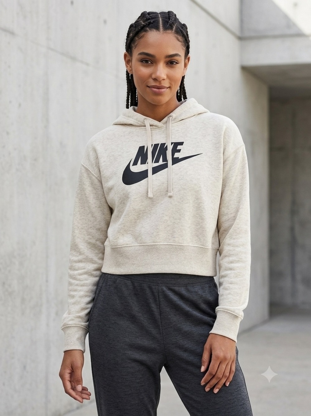 Nike Women's Cream Hoodie with Black Swoosh, Size XXL, oversized cropped